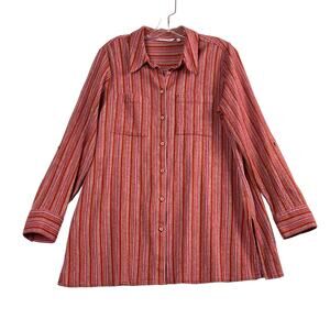 Soft Surroundings Kriya Roll Tab Striped Crepe Button Up Tunic Shirt Red Pink